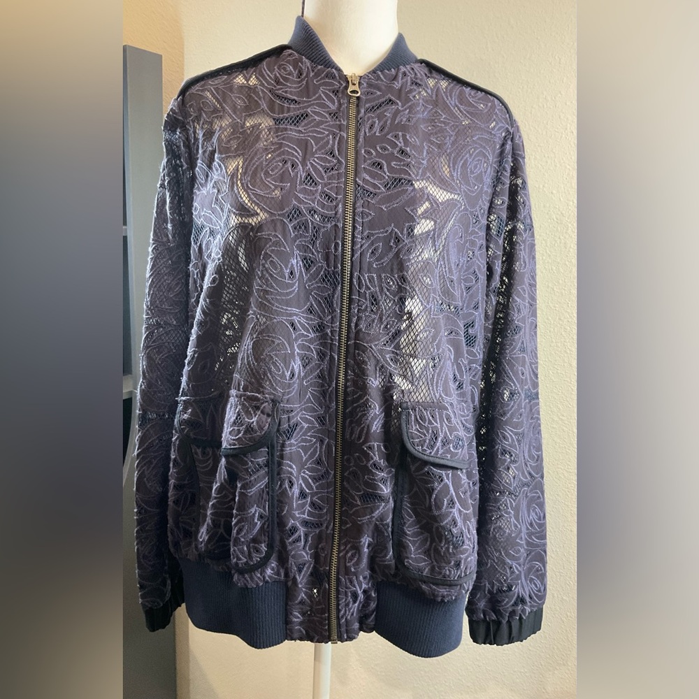 Anthropologie Elevenses Navy Blue Lace Bomber Jacket - Picture 4 of 16